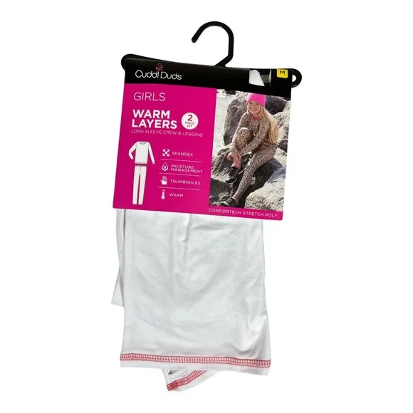 Cuddl Duds Girls Warm Layers 2 Piece Set Long Sleeve Crew Legging‎ White M