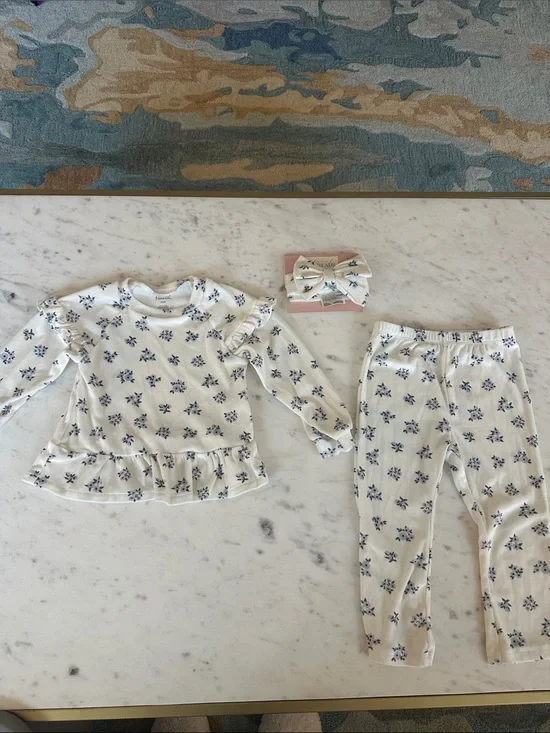 Floral threads Cream and Blue Floral Ruffle Pajama Set with bow. Can be outfit