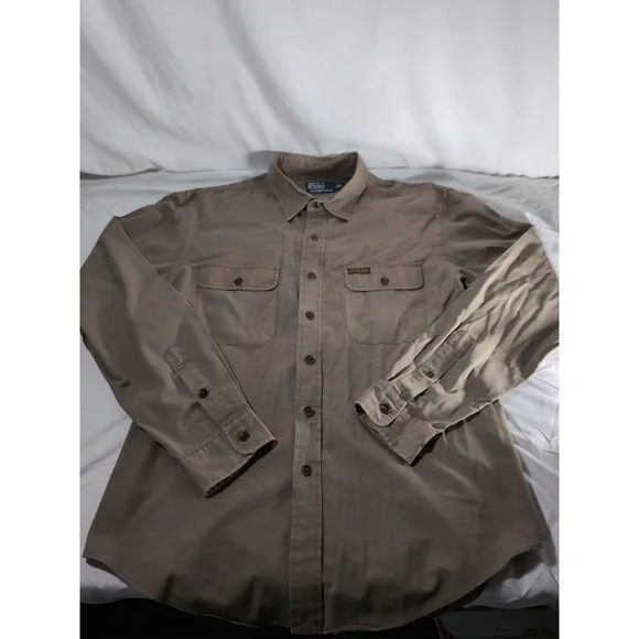 Vintage 90s Polo Ralph Lauren Long Sleeve Military Safari Shirt Brown Men's XL