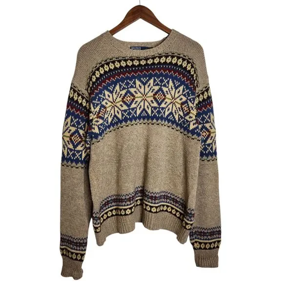 Vintage Polo Ralph Lauren Mens LS Sweater Beige Snowflake Nordic Cotton Knit  XL