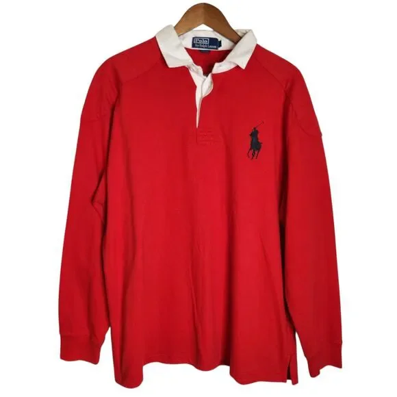 Vintage Polo Ralph Lauren Mens Red Rugby Long Sleeve Shirt Big Pony Size L
