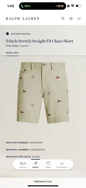 2022 Polo R.L Classic Chino Shorts Nautical Flags Knots Embroidered Waist 33