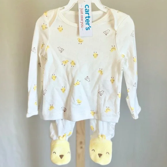 Just One You by‎ Carters Baby Pajama Set White Yellow Chick Print Footed PJs NEW