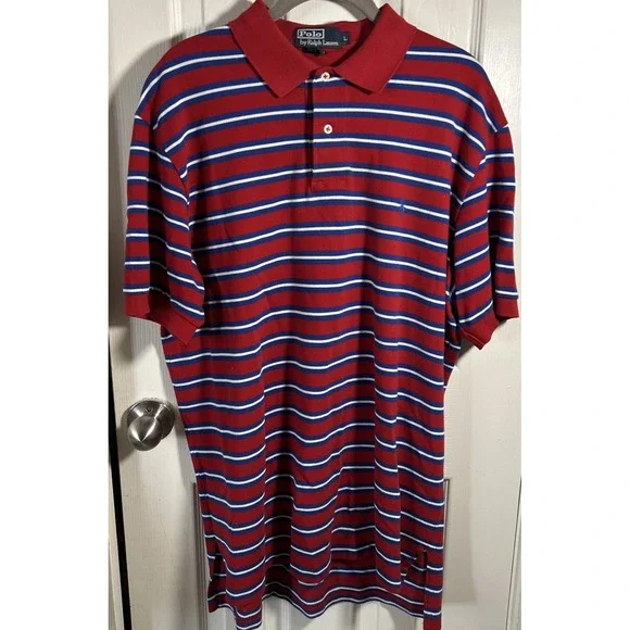 VINTAGE‎ Polo Ralph Lauren Golf Logo Red Blue White Stripe Size L 100% Cotton
