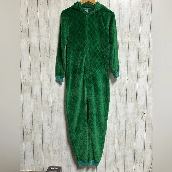 Boys Green Dinosaur Hoodie One Piece Pajamas Dragon/Halloween Costume Size L