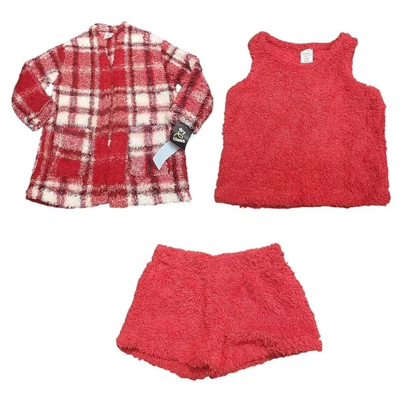 Girls Marshmallow Fleece Open Cardigan Robe Tank Top Shorts Set Small Size 6/7