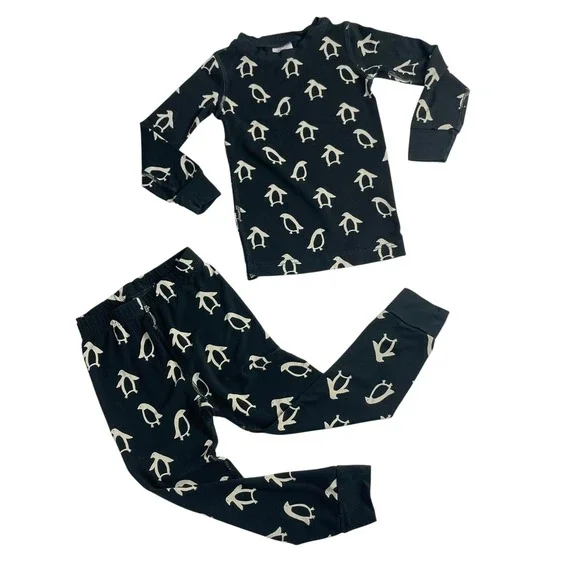 Hanna Andersson Pajama Set Penguin Print Toddler 3T Black PJs Sleepwear Girl Boy