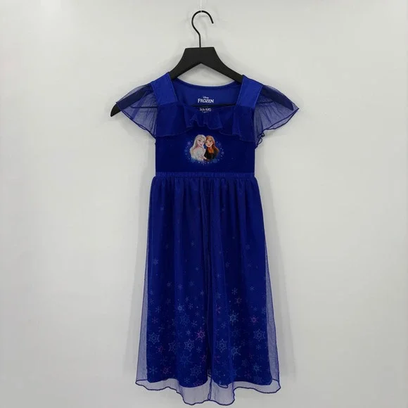 Disney Frozen Nightgown Girls Size 6/6X Blue Elsa Anna Snowflake Mesh Sleepwear