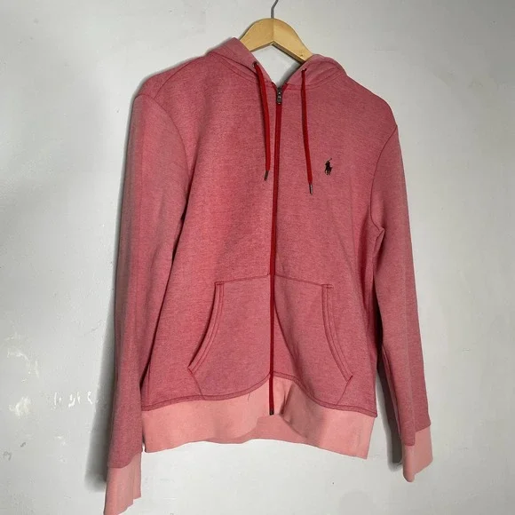 POLO RALPH LAUREN FULL ZIP HOODIE MEN SZ M PINK HOODED SWEATSHIRT JACKET‎ PONY