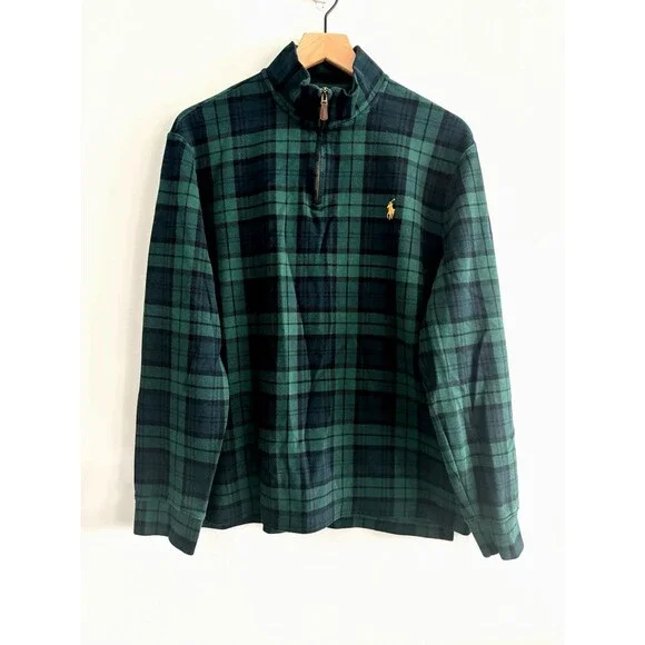 Polo Ralph Lauren Estate Rib 1/4 Zip Pullover Green Blue Plaid Mens Large