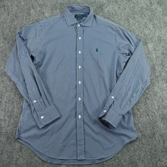 Polo Ralph Lauren Shirt Mens Medium Blue Check Performance Stretch Nylon‎ Pony