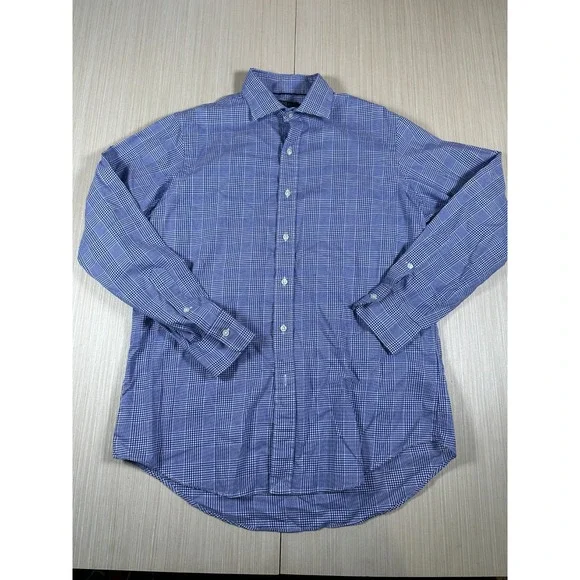 Polo Ralph Lauren Shirt Men Medium Blue White Plaid Cotton Long Sleeve Button-Up