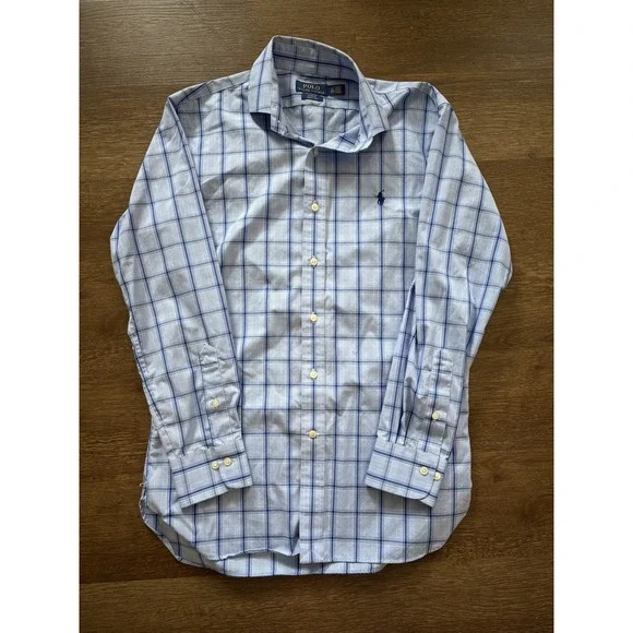 Polo Ralph Lauren Shirt Men 15.5 32/33 Blue Plaid Slim Fit Easy Care Long Sleeve