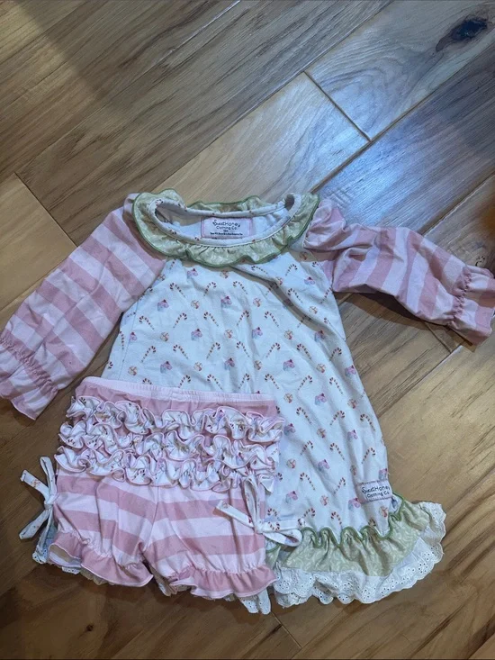 SweetHoney Pink White Green Striped Floral Ruffle Pajama Set