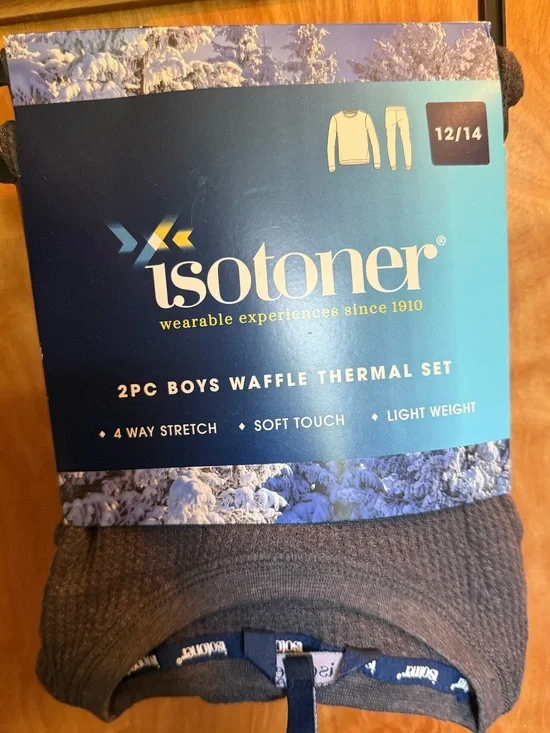 Isotoner Boys 12/14 Waffle Thermal Top and Bottom Set in Charcoal grey