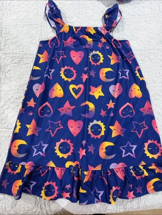 Gymboree Girls Navy Star, Moon & Heart Ruffle Night Gown. Sz L 10-12 NWOT