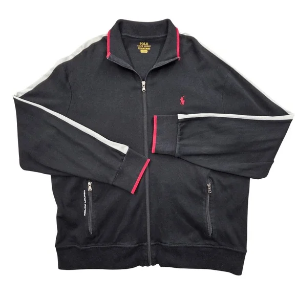 Polo Ralph Lauren Mens XL Black Full Zip Track Jacket Red Pony Side Stripe