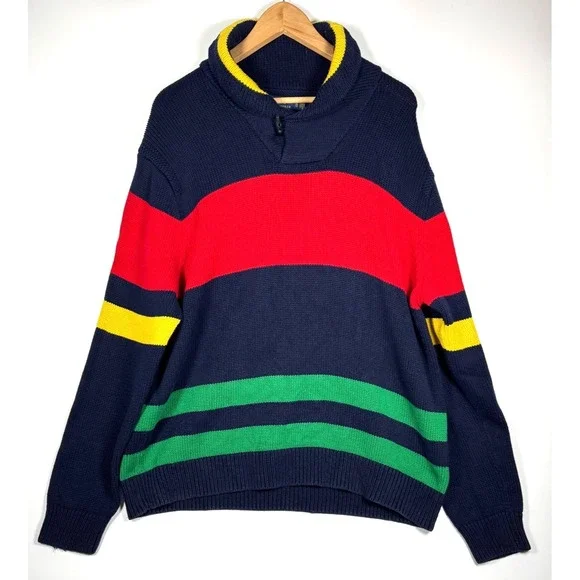Polo Ralph Lauren 12.M Yacht Challenge Sweater Men XL Navy Red Stripe Shawl Neck
