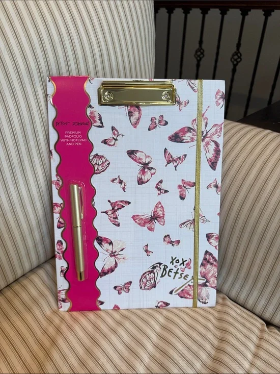 Betsey Johnson Pink & Gold Butterfly Notepad Clipboard with Pen notebook NWOT