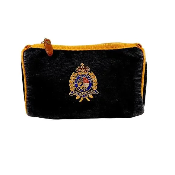 Vintage Ralph Lauren Zip Clutch Cosmetic Bag Gold Crest 7” Black Gold Embroidery
