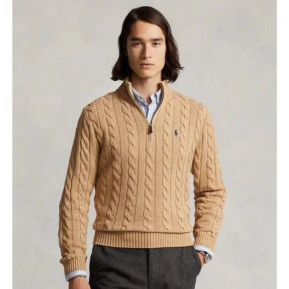 Polo Ralph Lauren Men’s Cable Knit Cotton Quarter Zip Sweater Camel Melange XLT