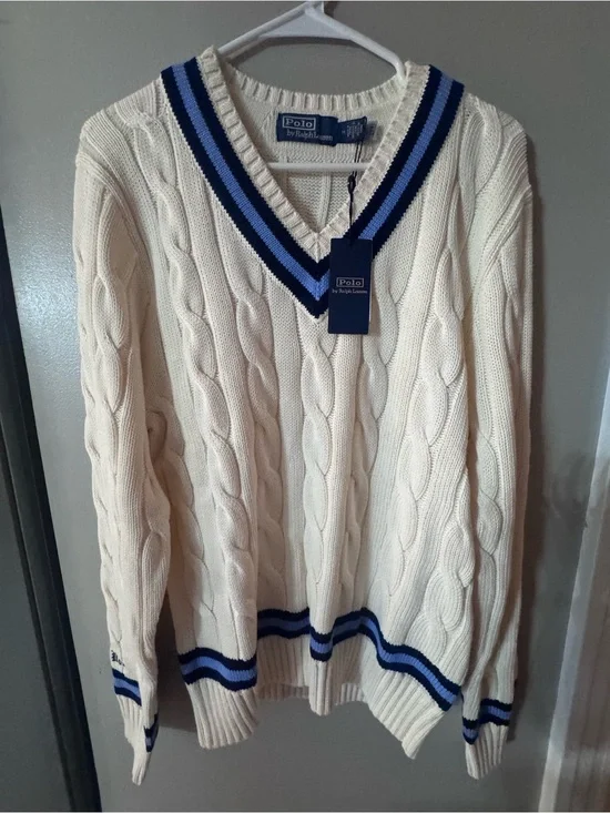 Polo by Ralph Lauren Cream Cable-Knit V-Neck Sweater with Blue Trim