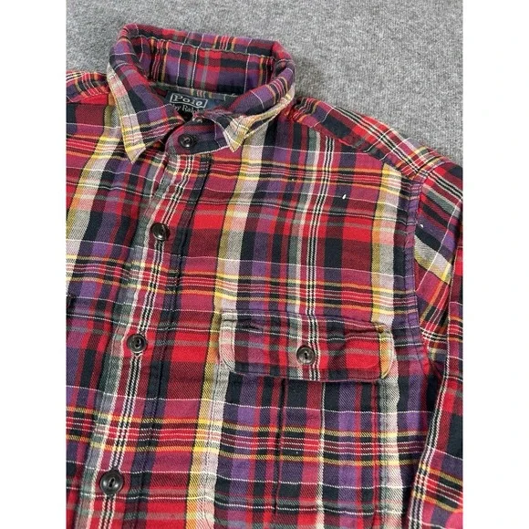 Polo Ralph Lauren Plaid Flannel‎ Shirt Men's M Button Front Red Blue Academia
