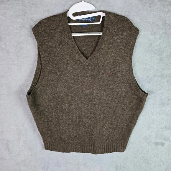 Polo Ralph Lauren Mens XL Lambswool V-Neck Sweater Vest Olive Brown Heather Pony