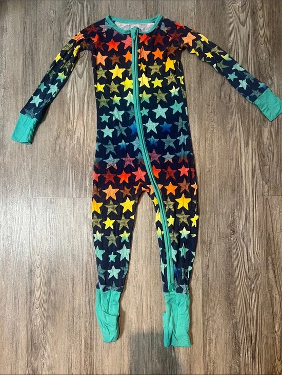 Little Sleepies Navy Stars Zip One-Piece Pajama with Teal Trim