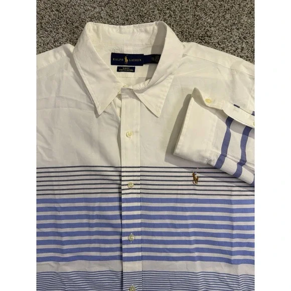 Polo Ralph Lauren Slim Fit 2XL Stretch Oxford White Purple Stripe Shirt‎ Stripe