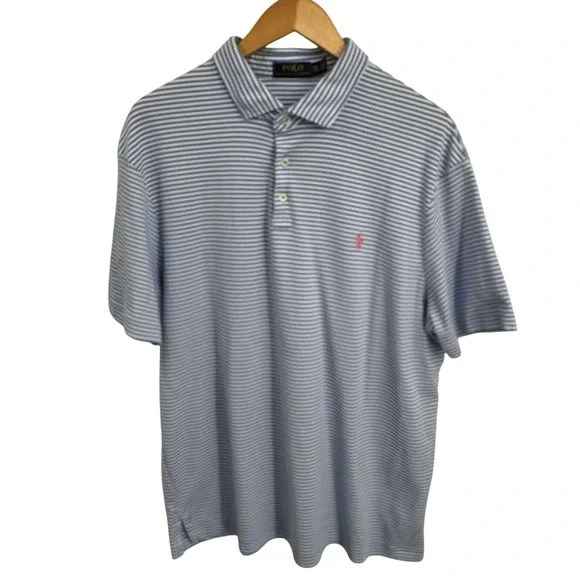 Polo Ralph Lauren Men Polo Shirt XXL Blue White Striped Pink Pony Preppy Coastal