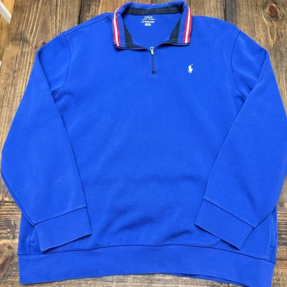 Polo Ralph Lauren Mens XXL‎ Royal Blue Quarter Zip Pullover Striped Collar Pony