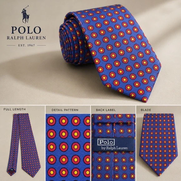 Polo Ralph‎ Lauren Silk Tie Blue Red Yellow Polka Dot Mens USA Made
