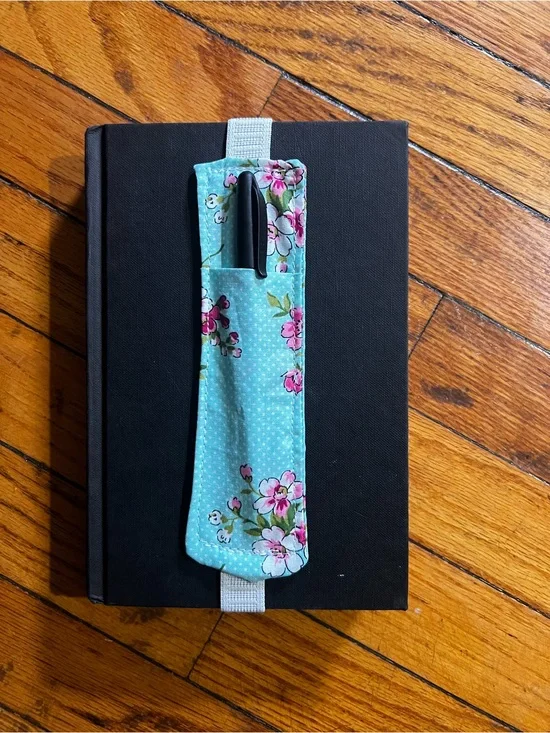 Homemade Elastic Strap Bookmark with Pen Holder in Teal with Pink Floral