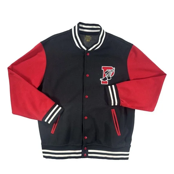 Polo Ralph Lauren Jacket Mens XL Black Red Fleece Varsity P Wing Track College