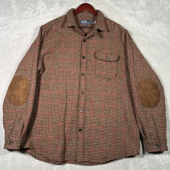 Ralph‎ Lauren Shirt Mens 2XL Brown Wool Check Suede Elbow Overshirt Houndstooth