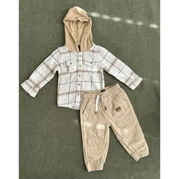 FRIENDZ Beige White Plaid Hoodie & Pants Set 12-18M 2pc Cotton Bear