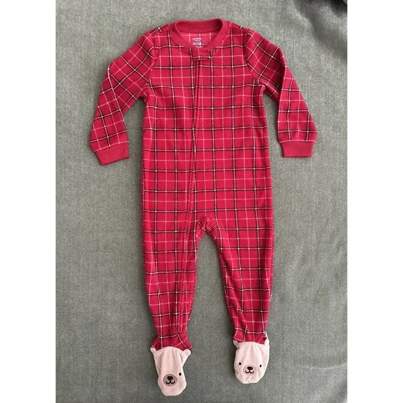 Carter's Plaid Fleece Bear One Piece Sleepwear Red 2T Footed