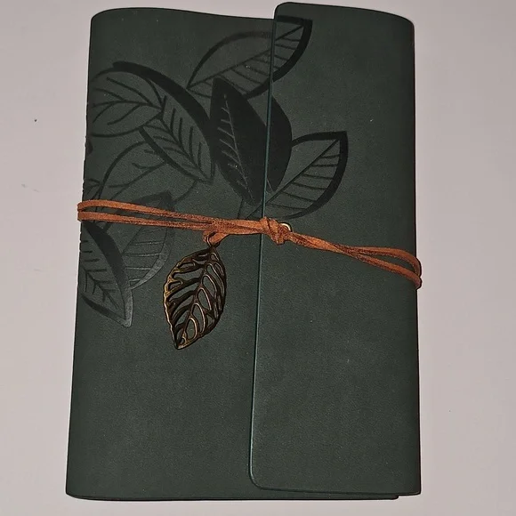 Green Leaf Embossed Faux Suede Leather Journal with Leaf Charm Emerald Green