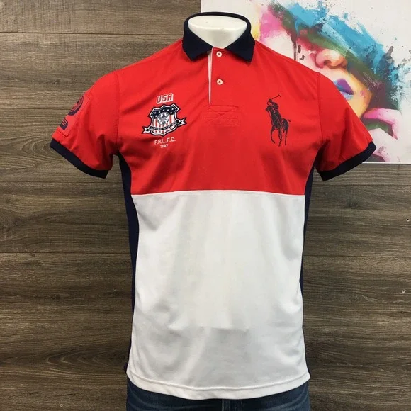 Polo Ralph Lauren Mens Large‎ USA Polo Shirt Rugby Crest Big Pony Red White