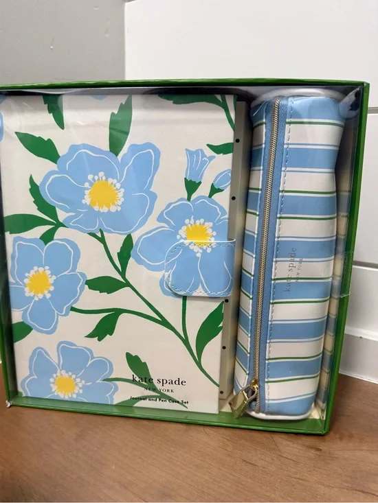 kate spade Blue Floral Journal with Striped Pen Case NEW