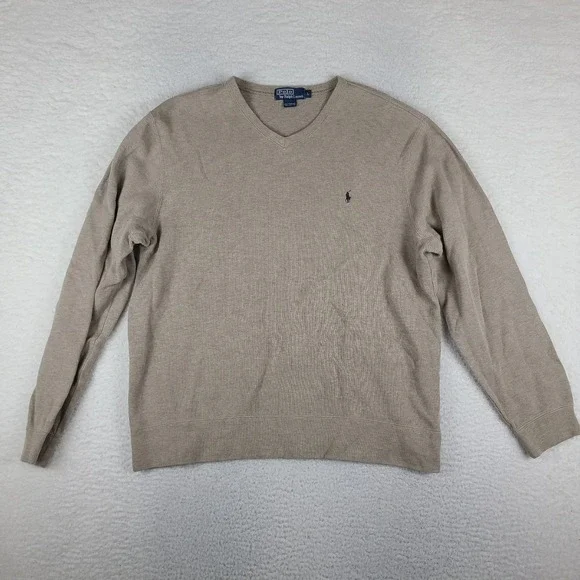 Polo Ralph Lauren Sweater Mens Large Tan Brown V Neck Sweatshirt 100% Cotton