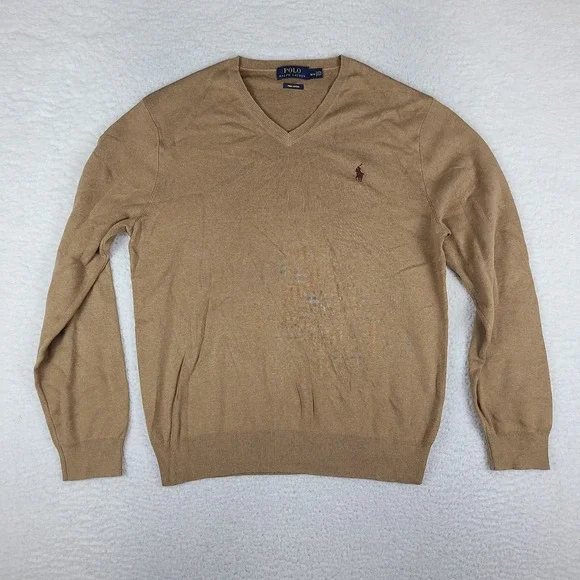 Polo Ralph Lauren Sweater Mens Medium Brown V Neck Pima Cotton Sweatshirt