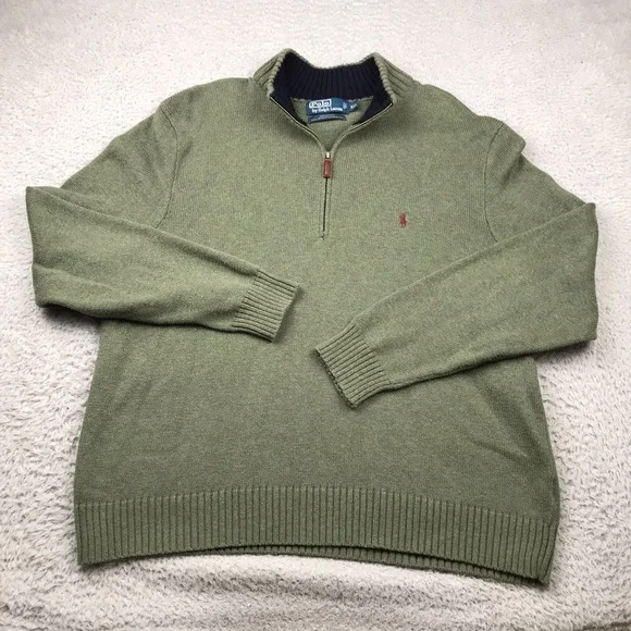 Polo Ralph Lauren 1/4 Zip Sweater Mens 2XL Green Cotton Knit Pullover Vintage