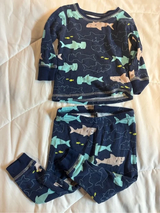 Kids Navy Shark Print Pajama Set - Blue/Teal 2 piece shirt & pants 12 months