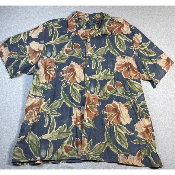 Vintage Polo Ralph Lauren Shirt 3XLT Linen Cotton Hawaiian Floral Camp Caldwell