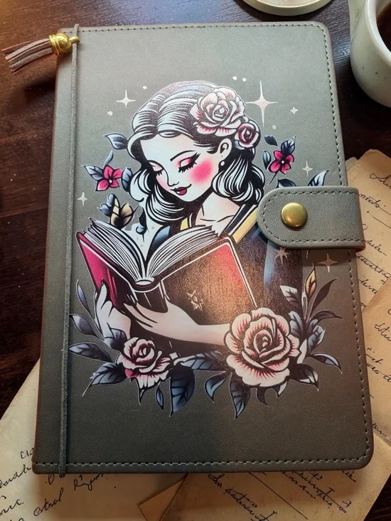 Tattoo Style Reading Girl Lined Journal | Floral Book Lover Notebook