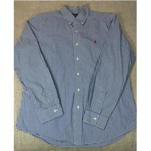 Ralph Lauren Mens Custom Fit Gingham Button Down Shirt Blue White Large L Pony