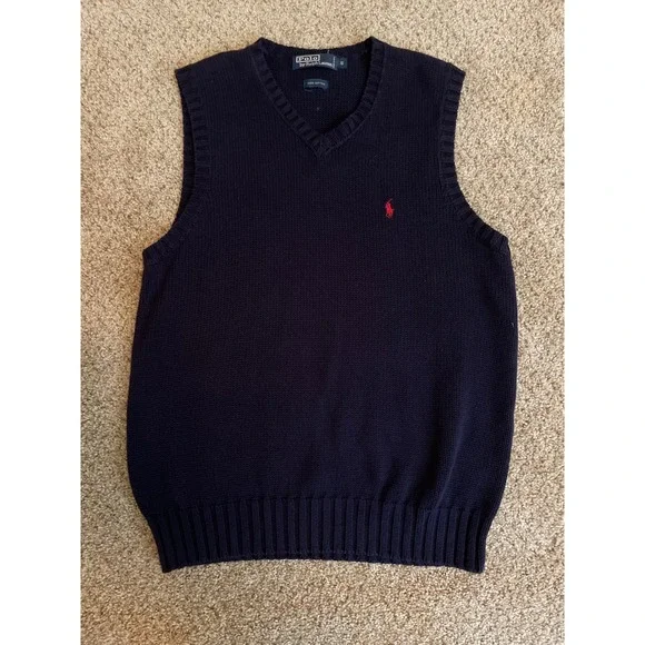 Polo Ralph Lauren Mens Sweater Vest Small Navy Blue Cotton V-Neck Red Pony Logo