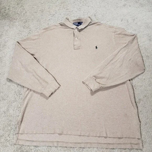Ralph Lauren Mens 2XLT Tall Tan Green Pony Long Sleeve Pique Polo Shirt